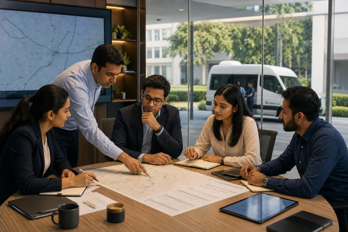 Corporate mobility team reviewing routes and transport schedules