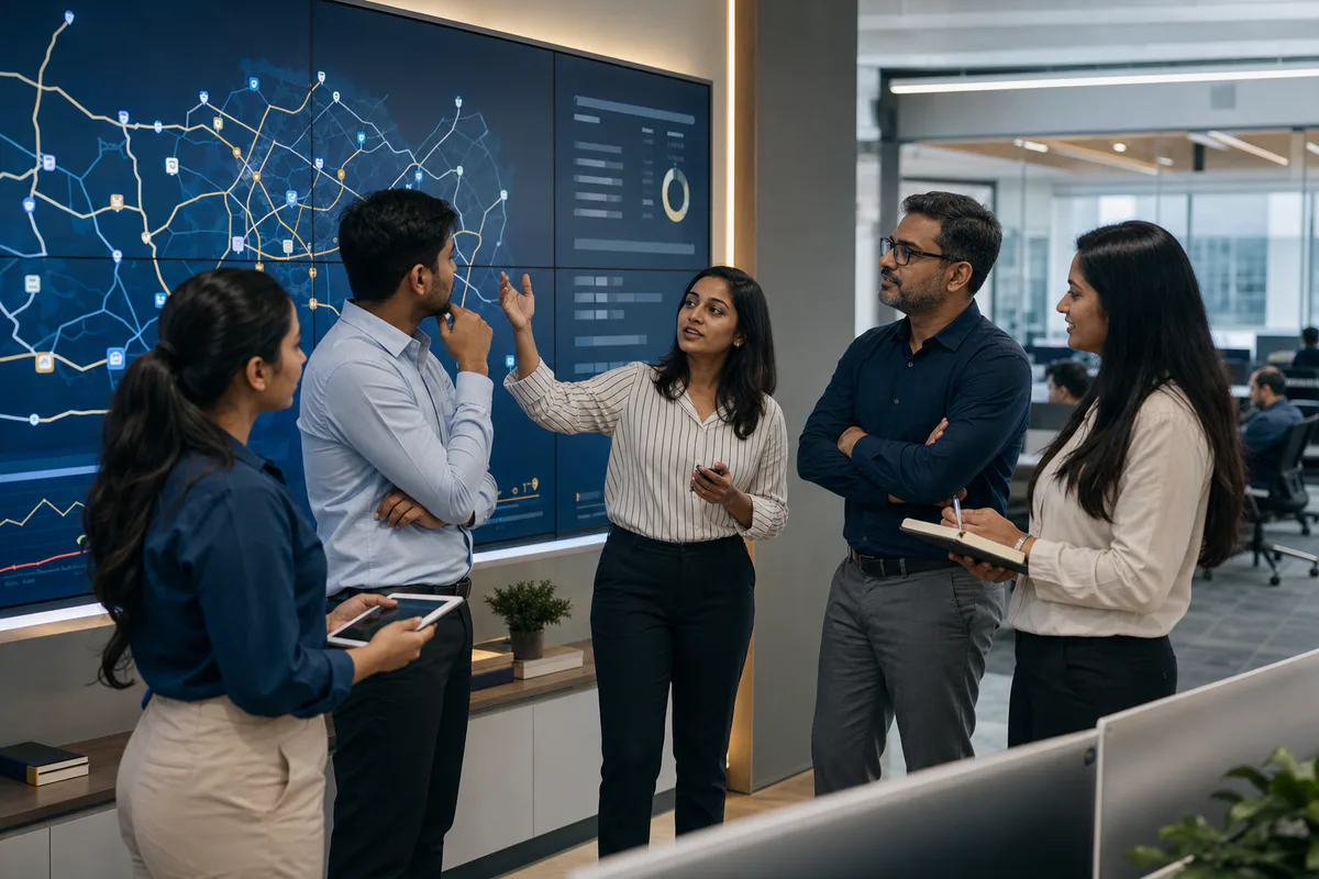 Corporate mobility professionals discussing an operations display
