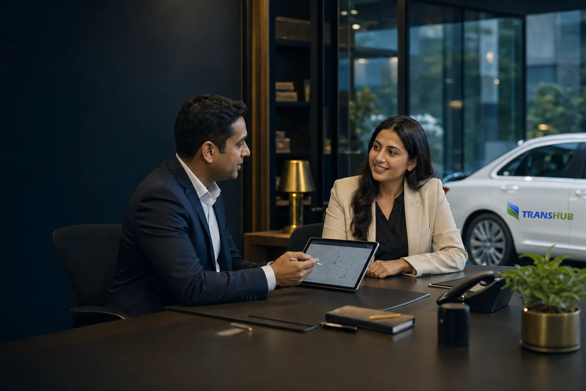 Corporate mobility coordinator discussing a route plan with a business client