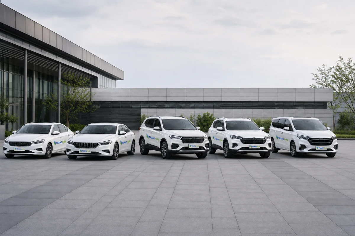 Illustrative lineup of white TransHub-branded corporate vehicles