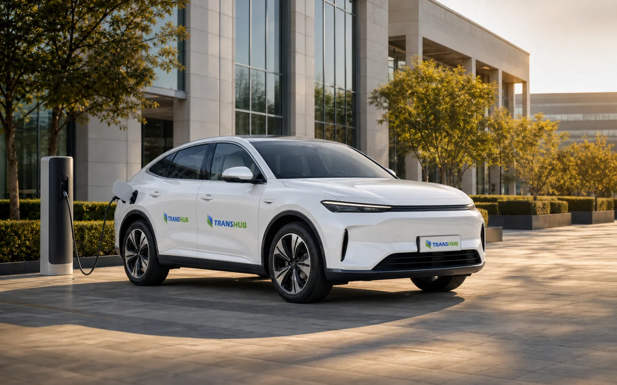 Illustrative white TransHub-branded electric vehicle charging at an office campus