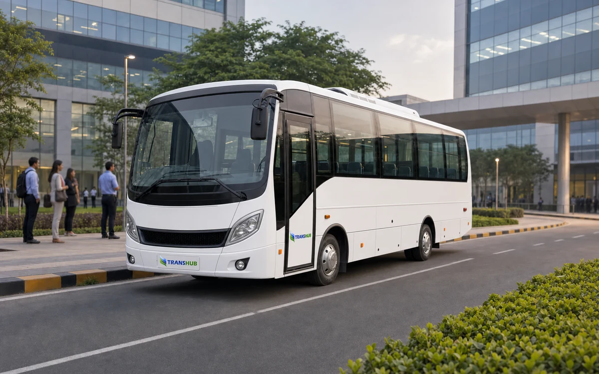 Illustrative white TransHub-branded group transport vehicle at a corporate campus