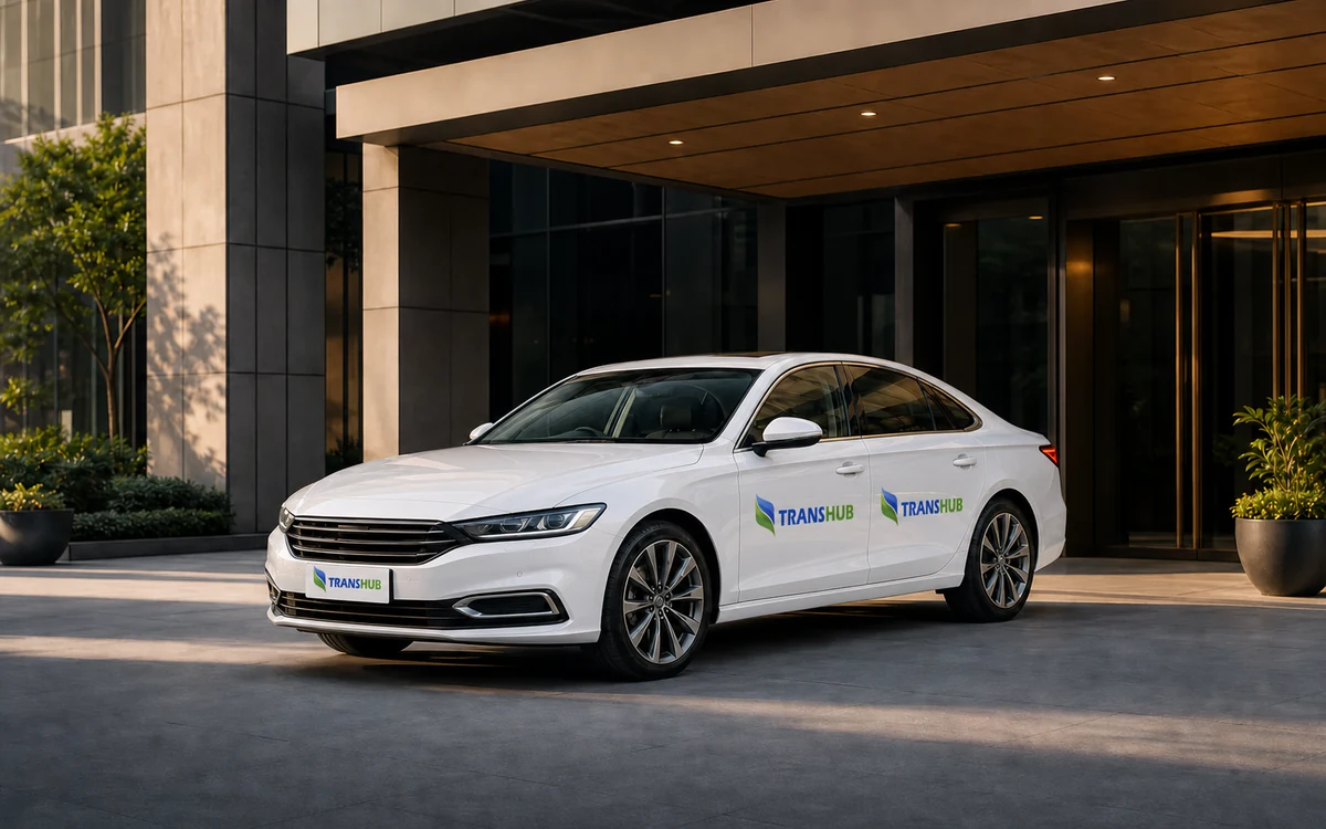 Illustrative white TransHub-branded executive sedan outside a corporate office