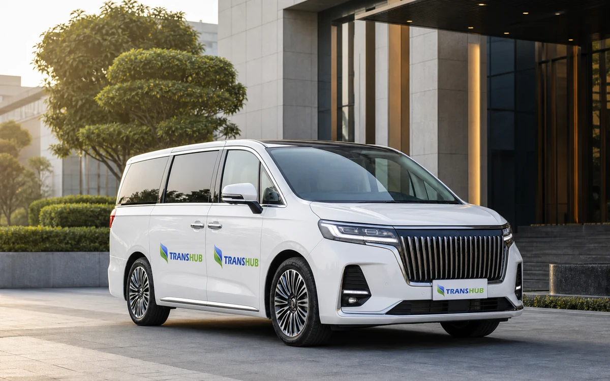 Illustrative white TransHub-branded luxury MPV at a corporate campus