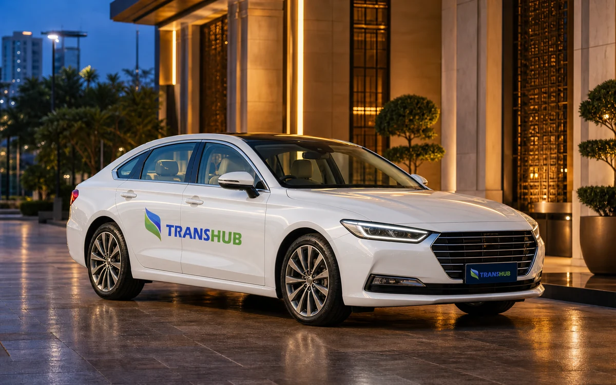 Illustrative white TransHub-branded premium sedan at a business hotel