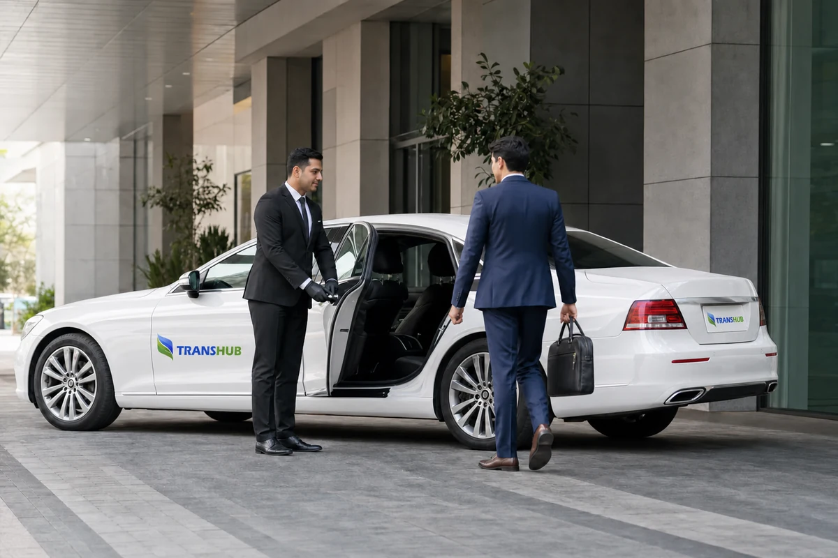 Illustrative chauffeur assisting a business traveller with a corporate rental vehicle