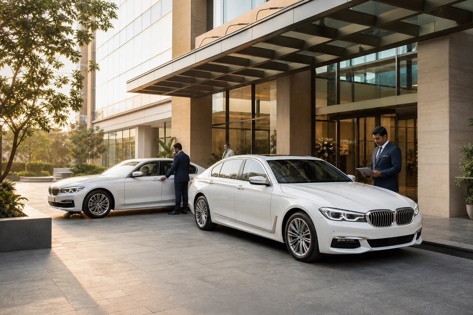 Illustrative chauffeurs preparing two white corporate rental sedans outside a modern office
