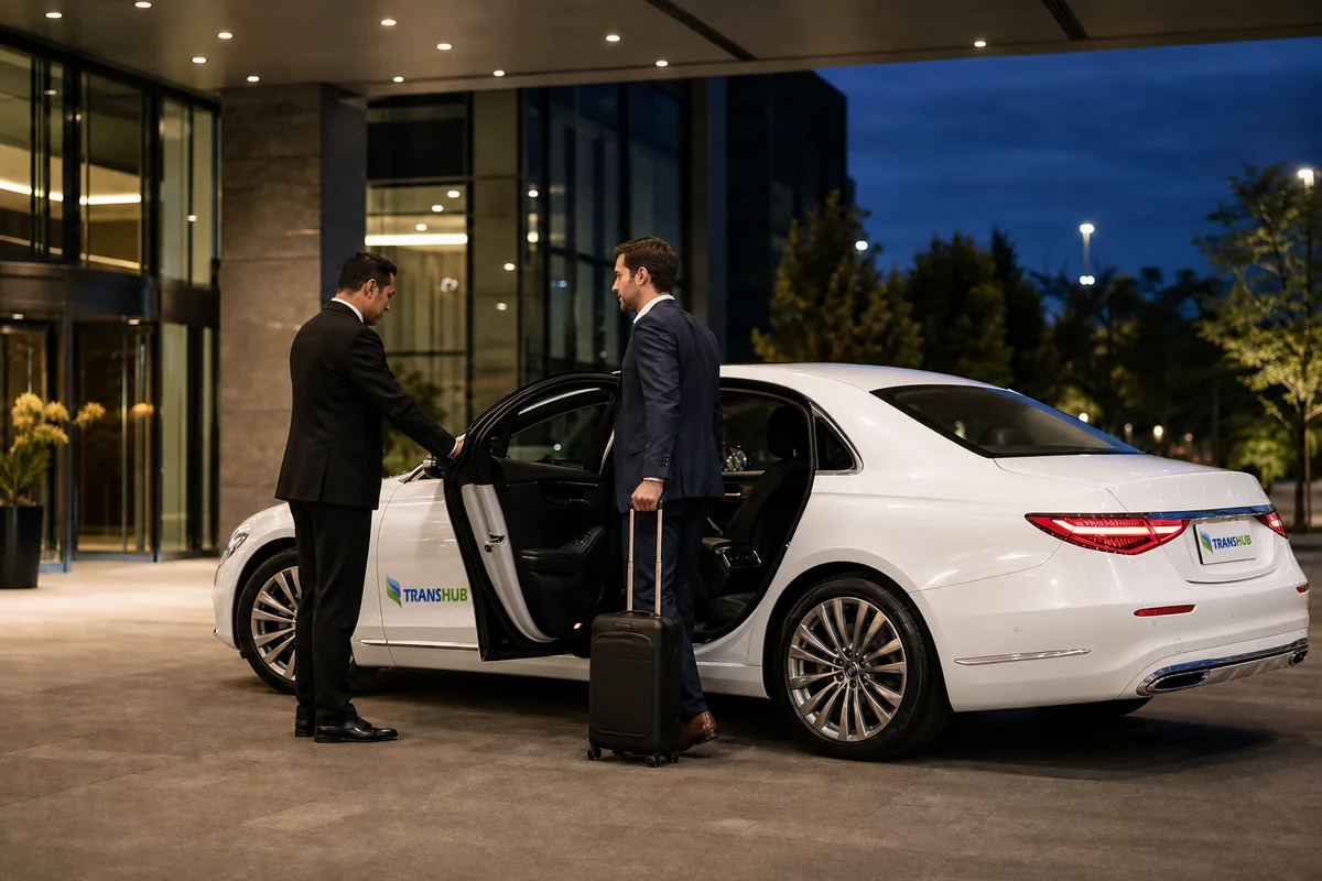 Illustrative chauffeur beside a white TransHub-branded executive sedan at night