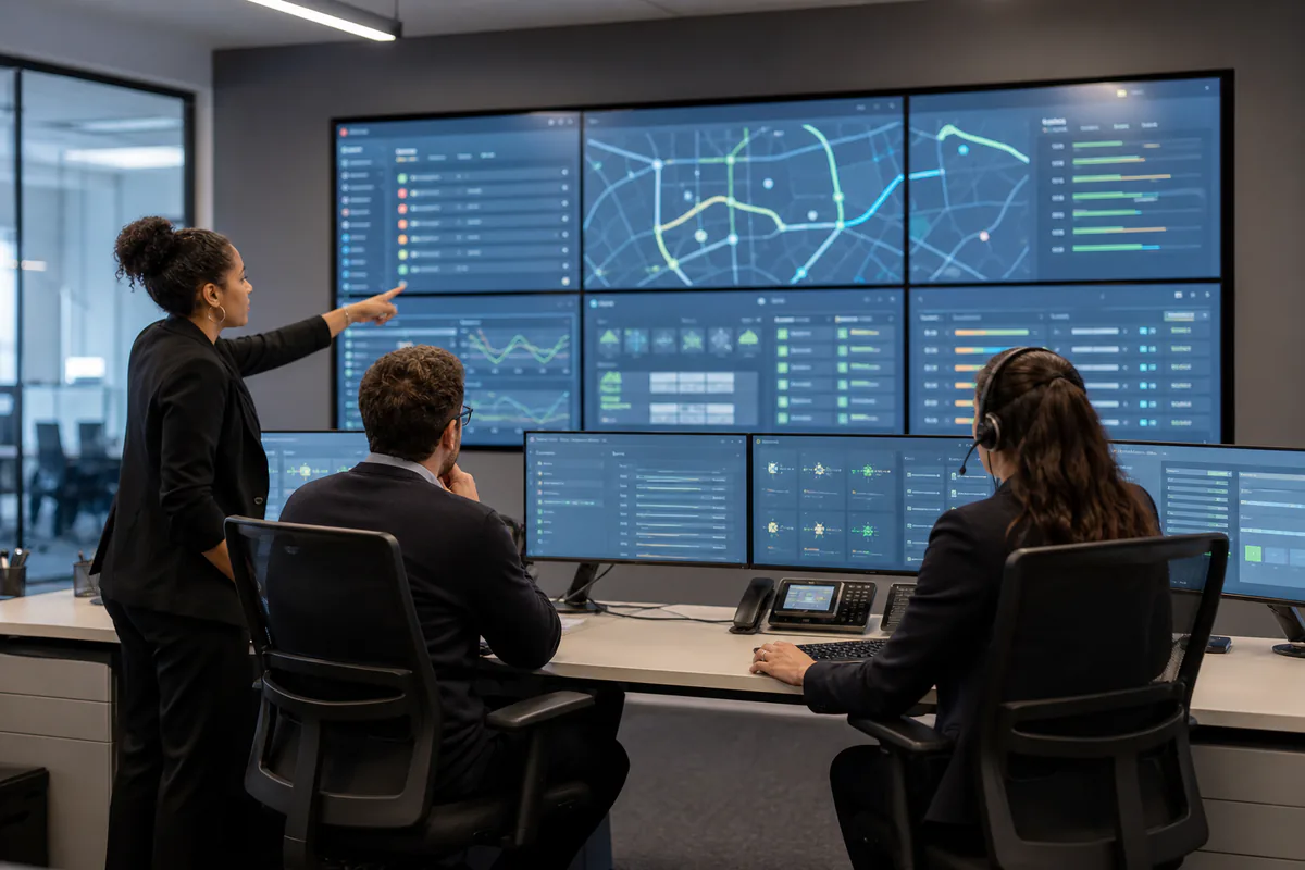 Operations team reviewing fleet and route dashboards in a control room